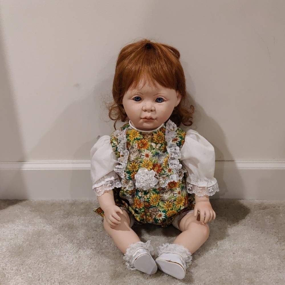 Vintage 1994 Val Shelton Redhead Vinyl Baby 21" Doll Floral Romper Weighted